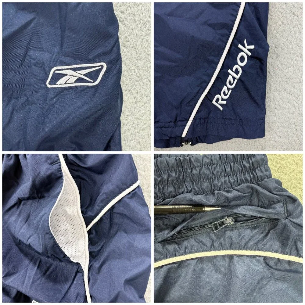 Reebok Track Pants Kids Small S Navy Blue Striped Windbreaker Youth Vintage Y2K
